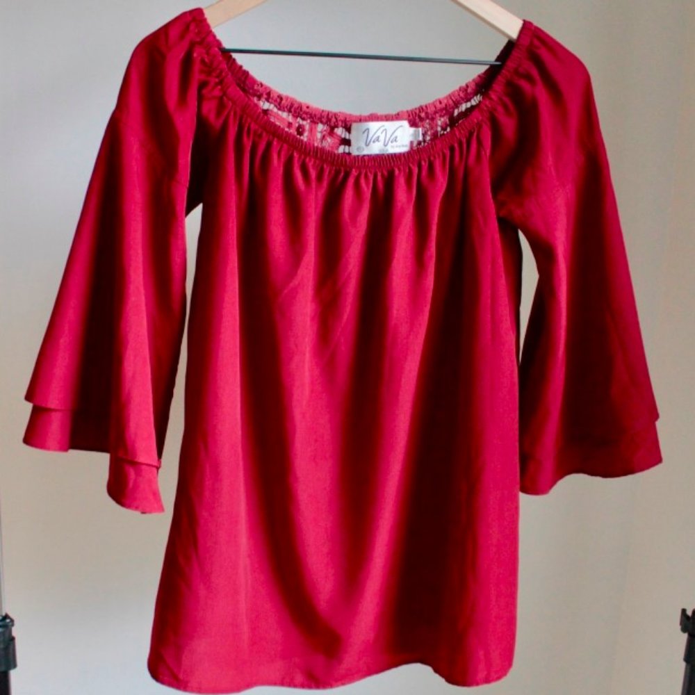 Dark Red Flowy Boho Peasant Top with Lace Work Sm